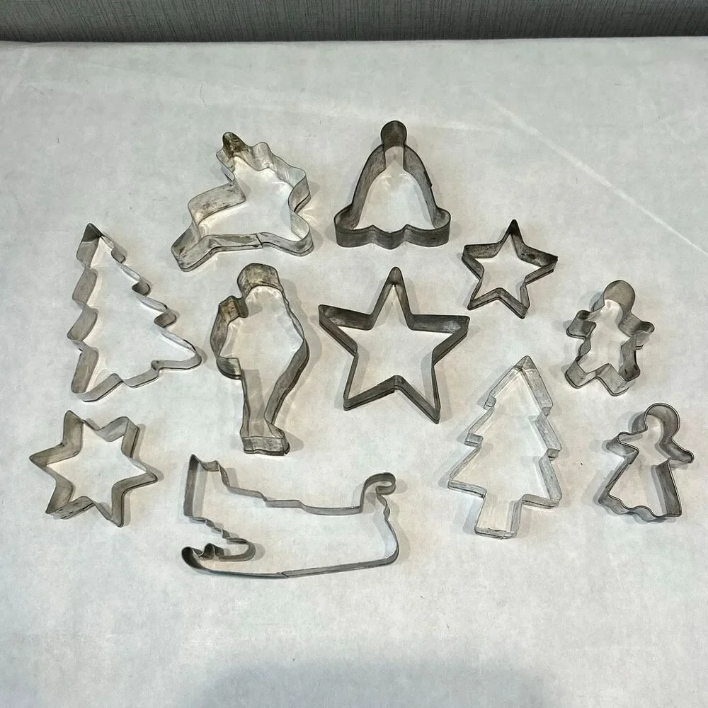 Vtg Metal Christmas Cookie Cutters Set of 11 Santa Tree Reindeer Star Sleigh Bel